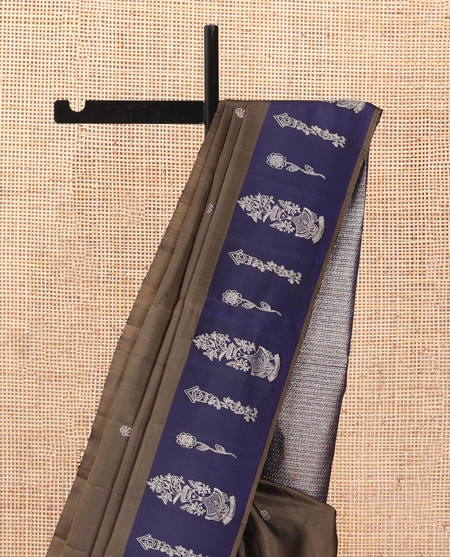 Brown zari buttas soft silk saree , contrast Mughal-style motifs woven zari border & geometric patterned pallu