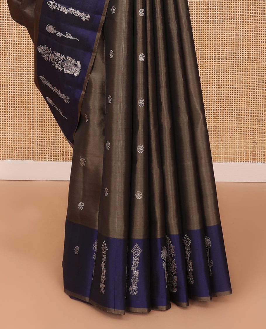 Brown zari buttas soft silk saree , contrast Mughal-style motifs woven zari border & geometric patterned pallu