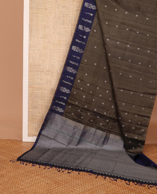 Brown zari buttas soft silk saree , contrast Mughal-style motifs woven zari border & geometric patterned pallu