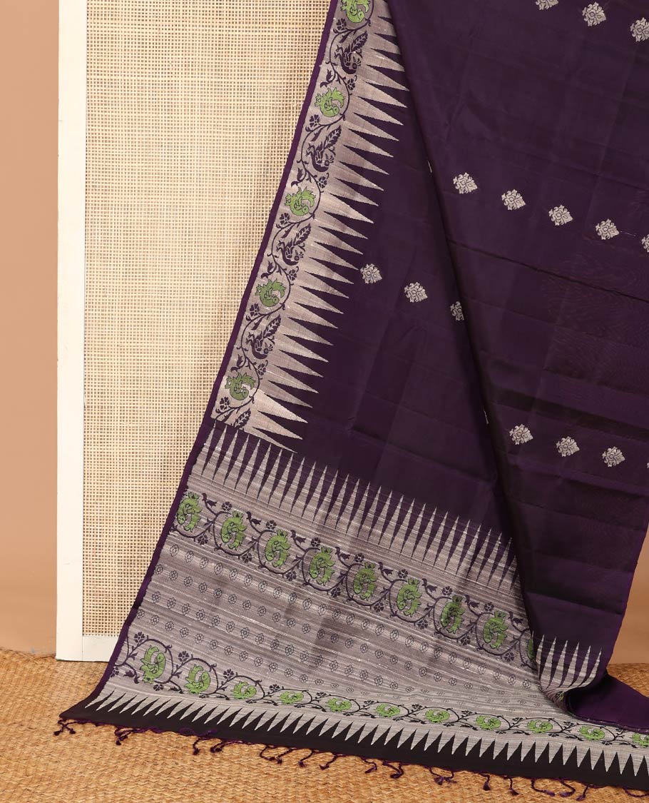 Purple buttas woven soft silk saree, temple border of kodi visiry and mayil designs, and pallu of floral and kodi mayil designs