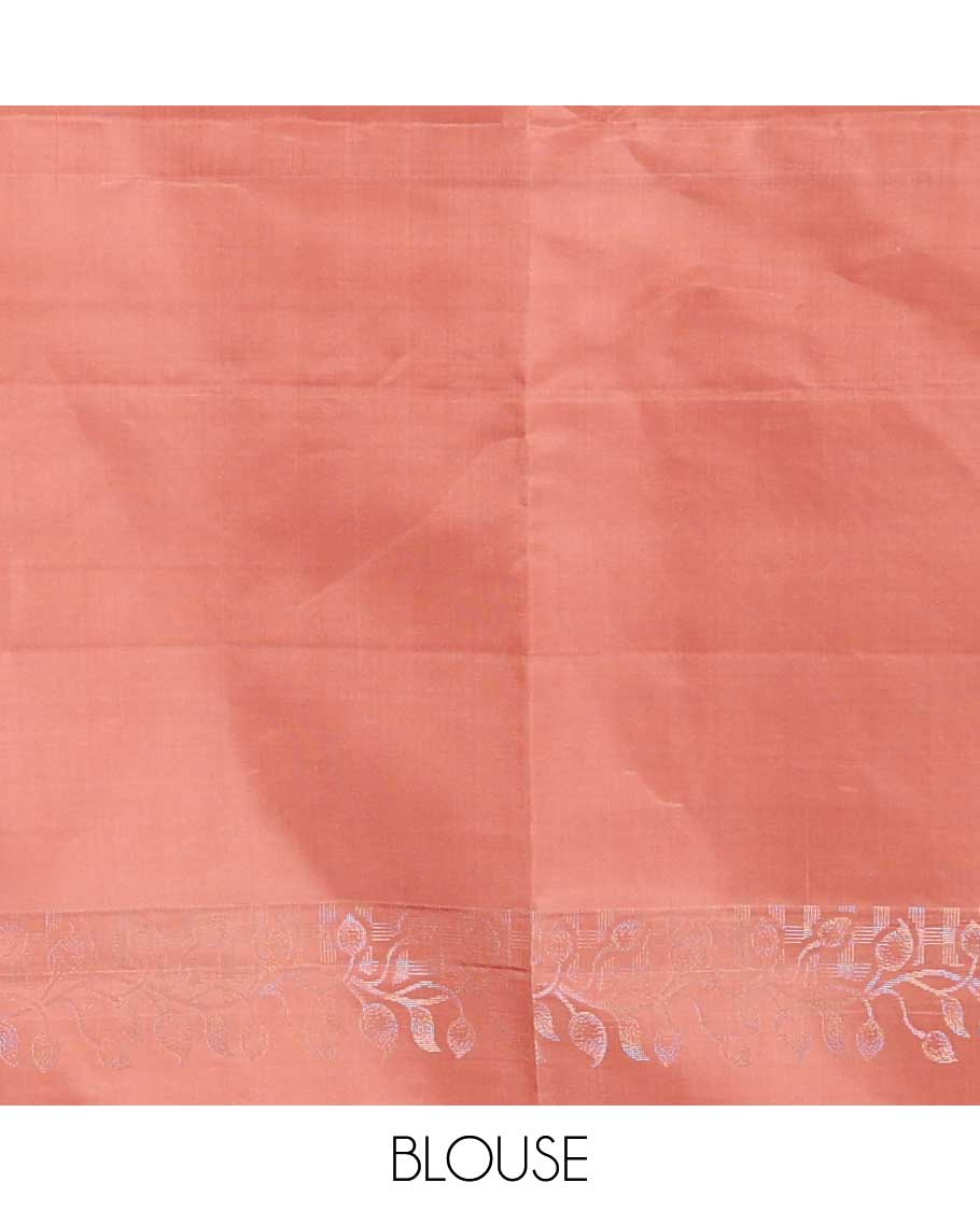 Peach three-leaf zari buttas soft silk saree, floral vine zari woven border, and zari-rich checked pallu