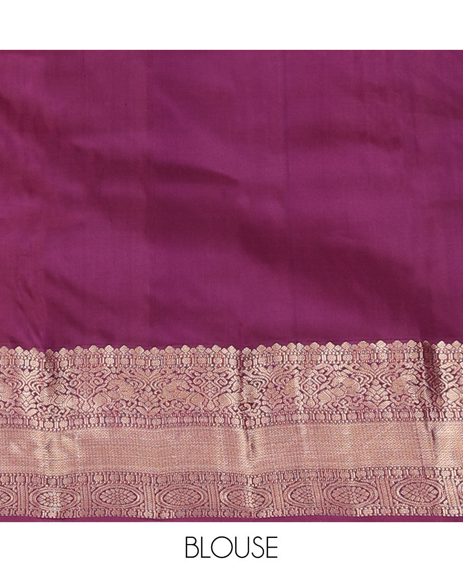 Yellow meena buttas silk saree, contrast border of thilakam,muthu,kuthirai, chakram & mayil kann & pallu of leaf designs