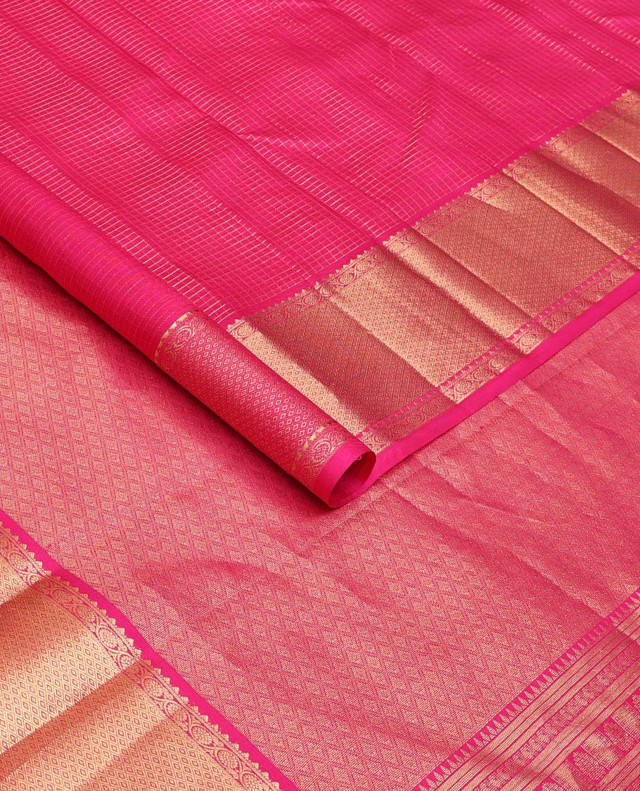 Pink micro-zari checked silk saree, zari border of rekku, kodi visiry, and mayil kann designs, and jaal pallu