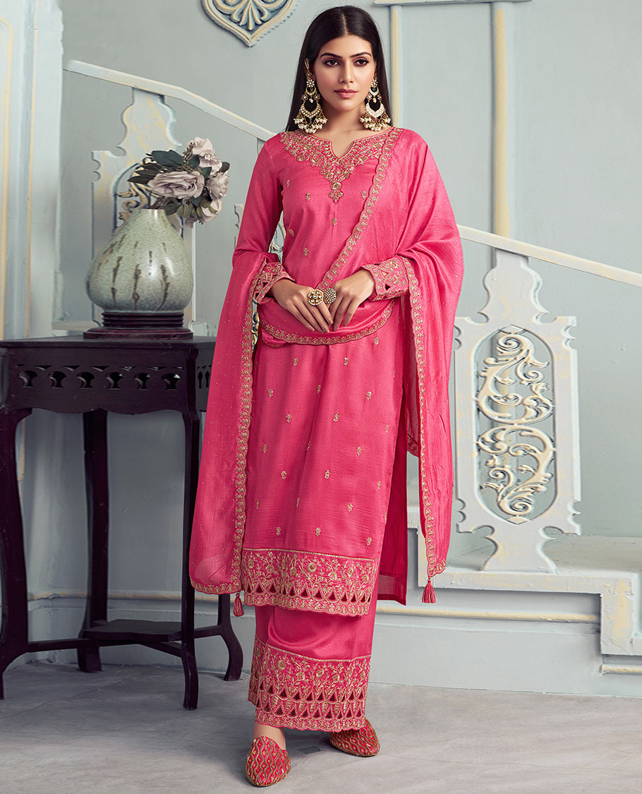Pink dress material catalouge floral thread embroidery top with embroidery palazzo pants & floral embroidery scallop border dupatta