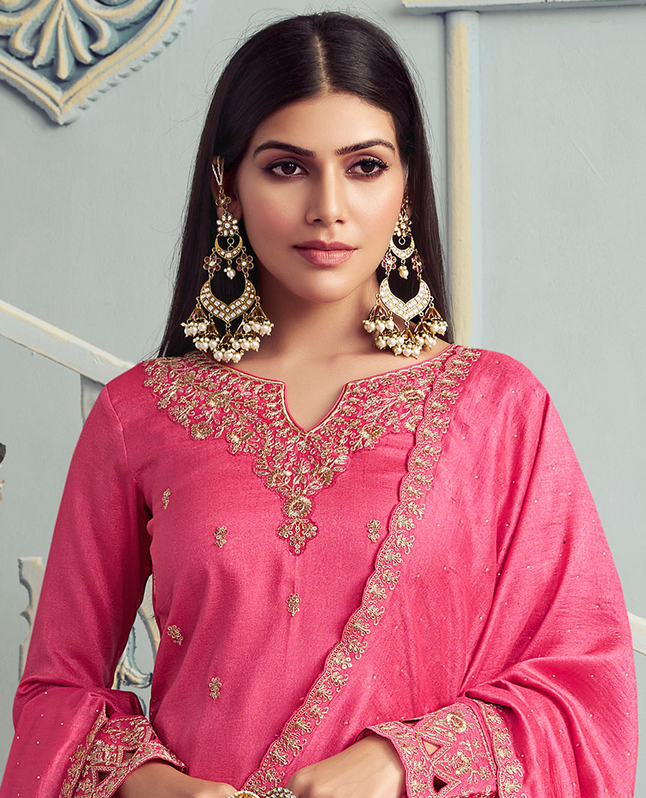 Pink dress material catalouge floral thread embroidery top with embroidery palazzo pants & floral embroidery scallop border dupatta
