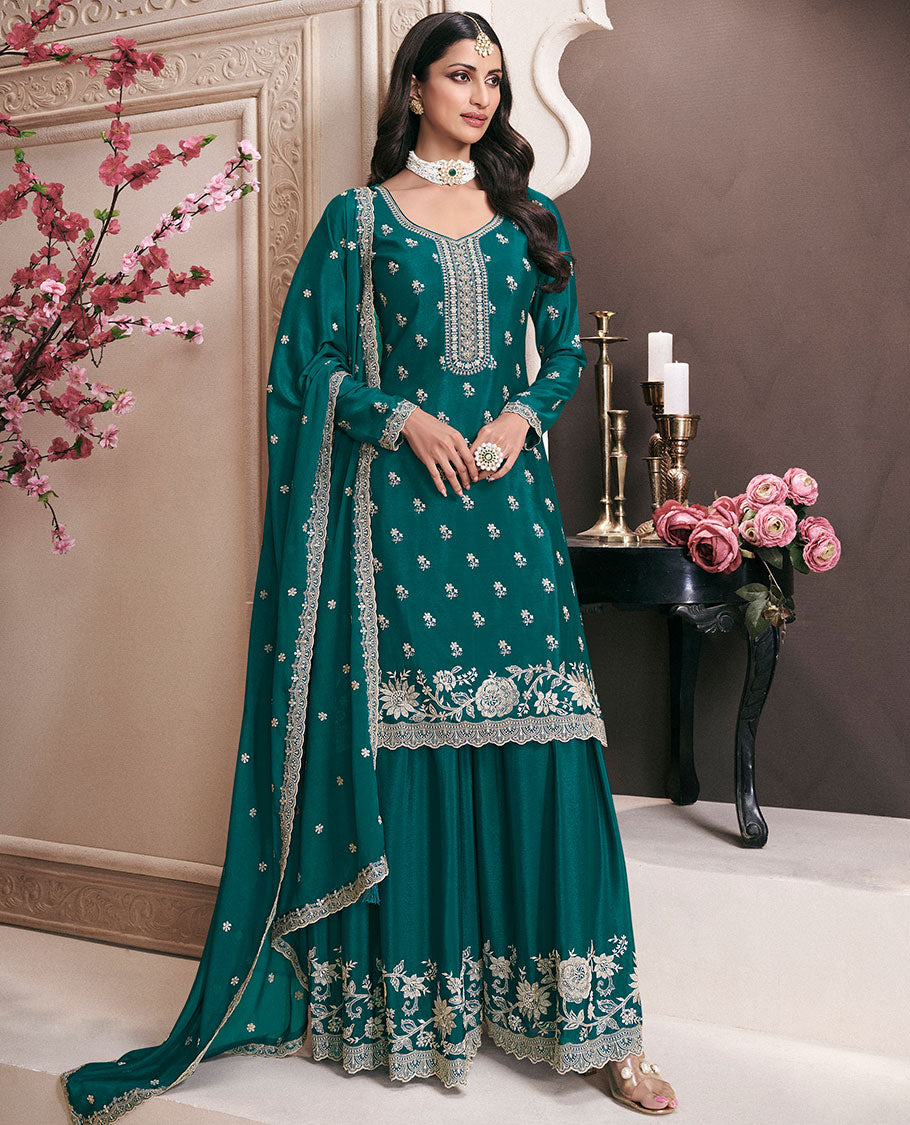 Green dress material catalouge floral thread embroidery top with embroidery palazzo pants & floral embroidery scallop border dupatta