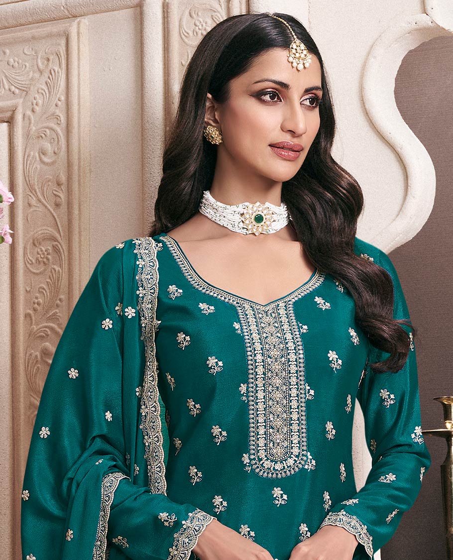 Green dress material catalouge floral thread embroidery top with embroidery palazzo pants & floral embroidery scallop border dupatta