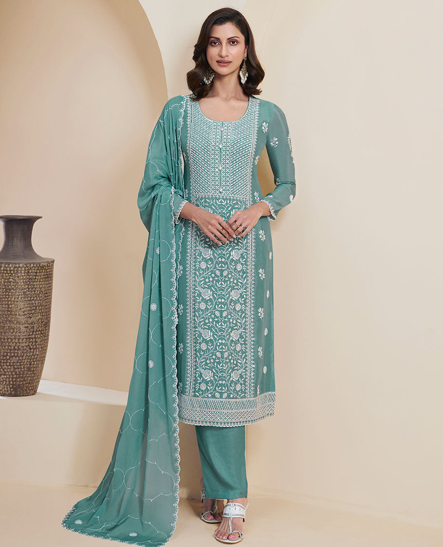 Blue dress material catalouge floral thread embroidery top with plain bottom & floral embroidery scallop border dupatta