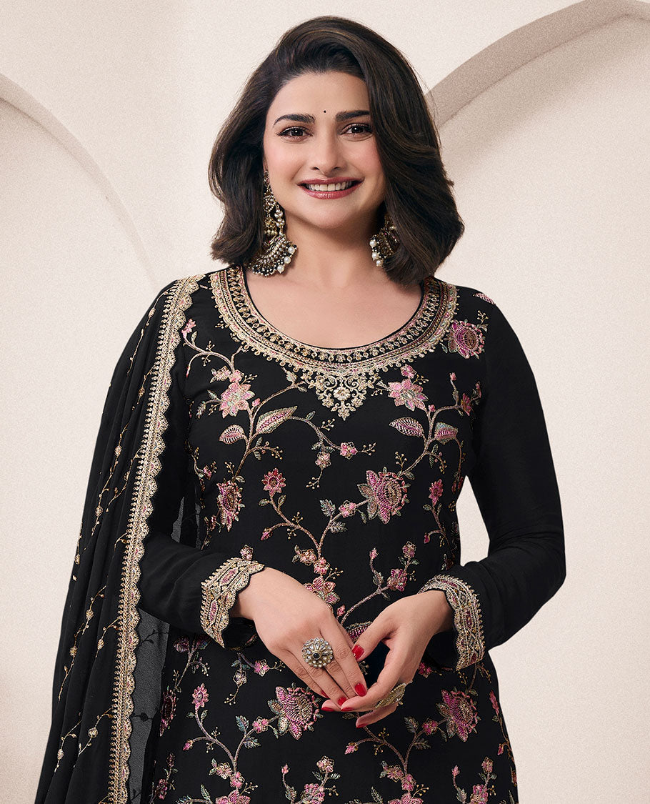 Black dress material catalouge floral thread embroidery top with palazzo pants & floral embroidery scallop border dupatta