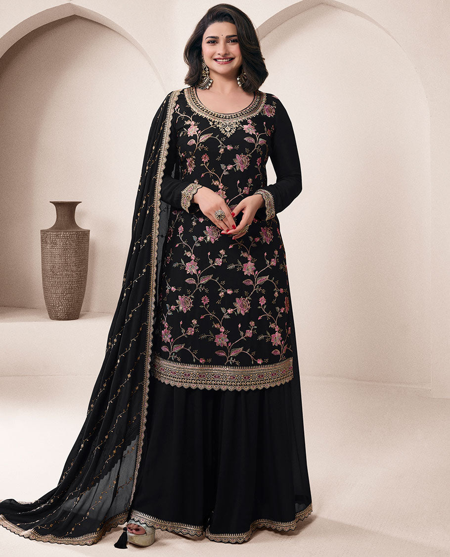 Black dress material catalouge floral thread embroidery top with palazzo pants & floral embroidery scallop border dupatta
