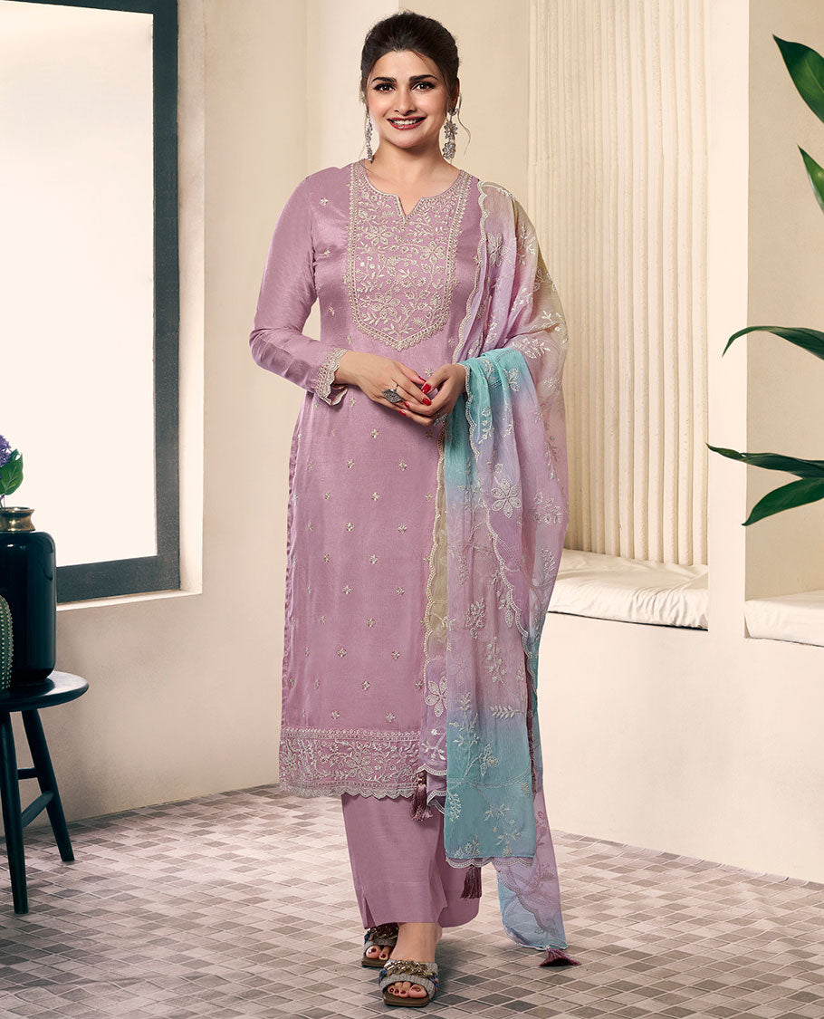 Lavender dress material catalouge floral embroidery top with plain pants & floral embroidery scallop border dupatta