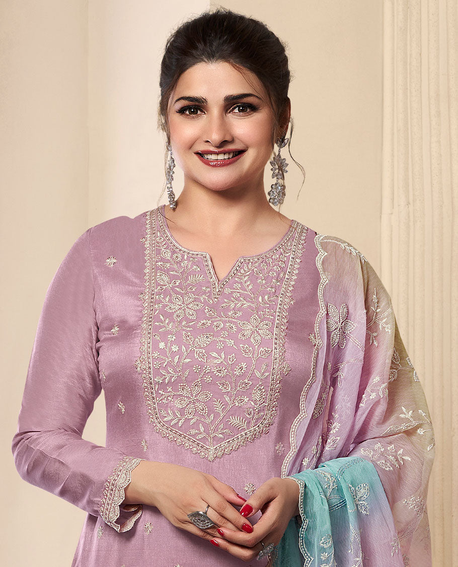 Lavender dress material catalouge floral embroidery top with plain pants & floral embroidery scallop border dupatta