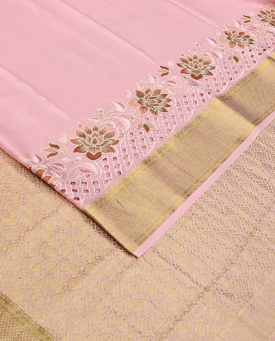 Pink plain satin silk saree, zari border of floral creeper design, and zari rich jaal pattern