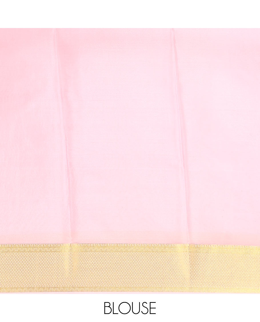 Pink plain satin silk saree, zari border of floral creeper design, and zari rich jaal pattern