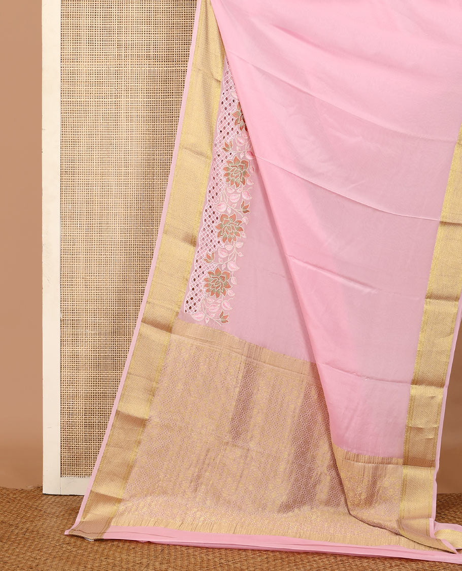 Pink plain satin silk saree, zari border of floral creeper design, and zari rich jaal pattern