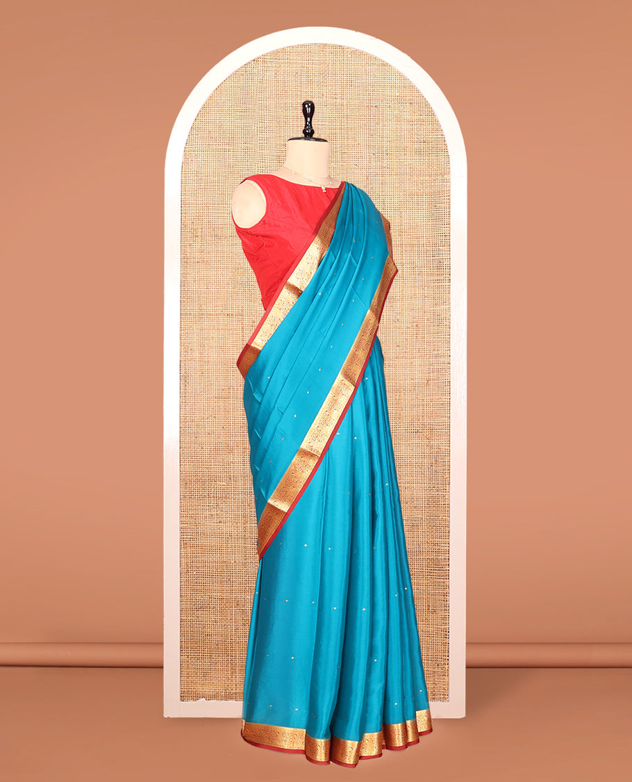 Blue Mysore Silk Saree, Detailed with Buttas, Complemented by a Contrast Traditional Zari Border, Zari Design Pallu, and a Contrast Blouse