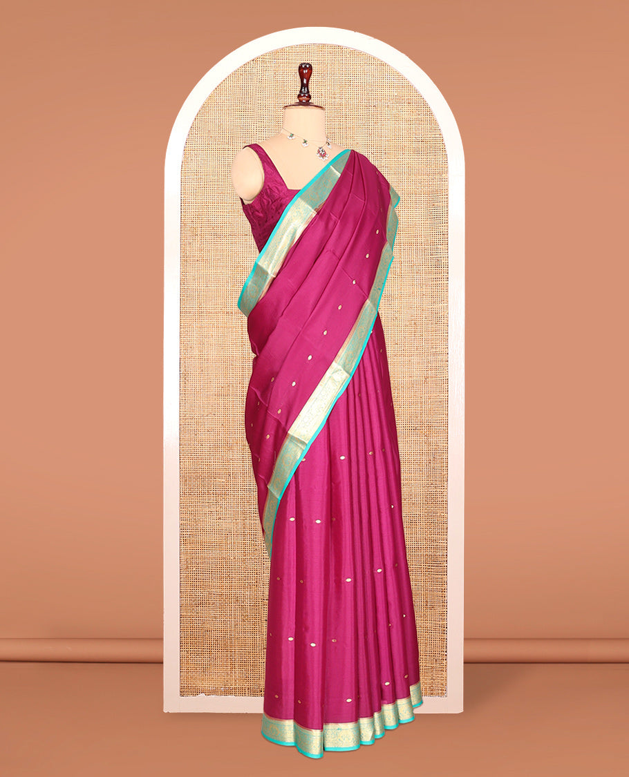 Pink Zari Buttas Mysore Silk Saree, Complemented by a Contrast Traditional Zari Border, Zari Design Pallu, and a Contrast Blouse