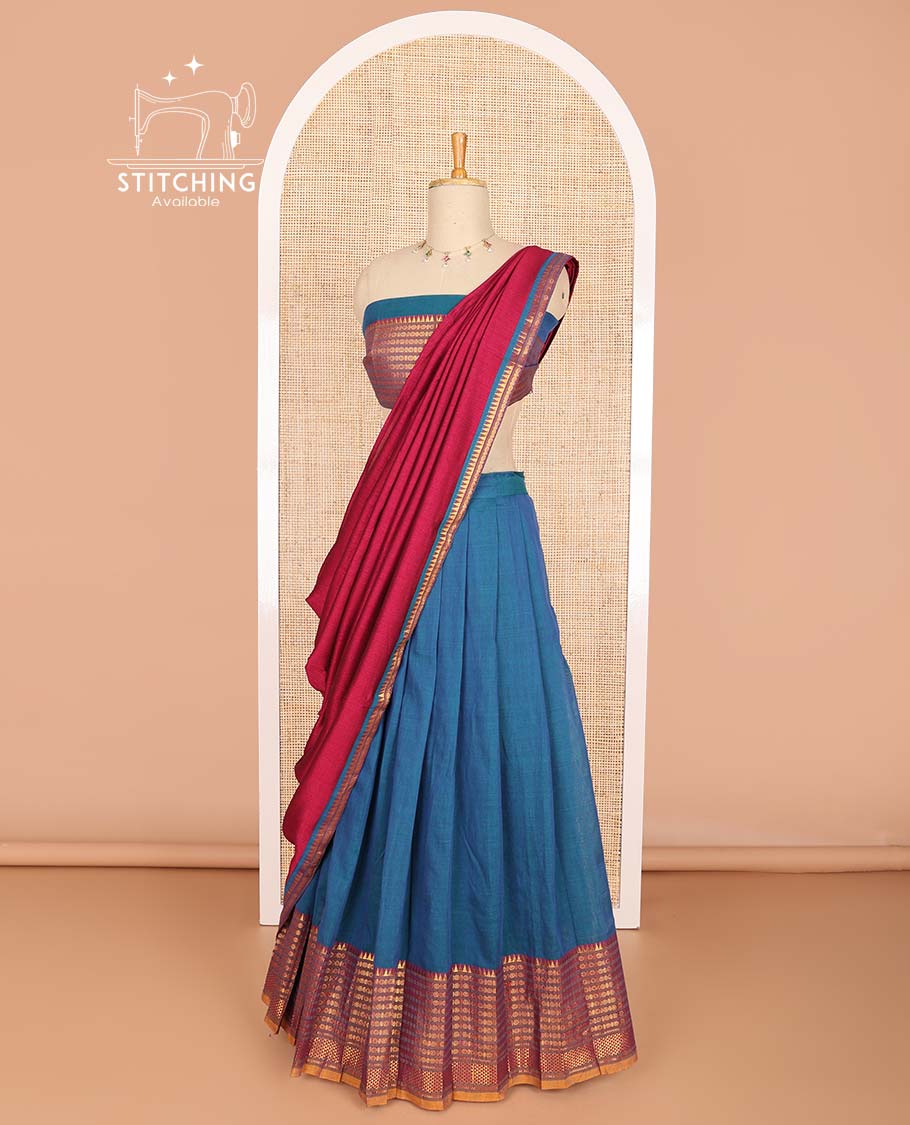 Blue cotton half saree with contrast geometric design border, zari design blouse & temple border dhavani