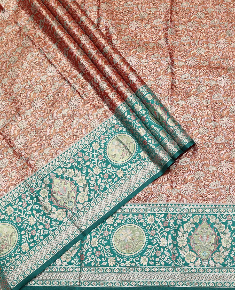 Orange Art Silk Half-Saree, Richly Detailed with Jacquard Design, Contrast Intricate Motif Border, Paired with a Contrast Jacquard Blouse, and an Intricate Dhavani