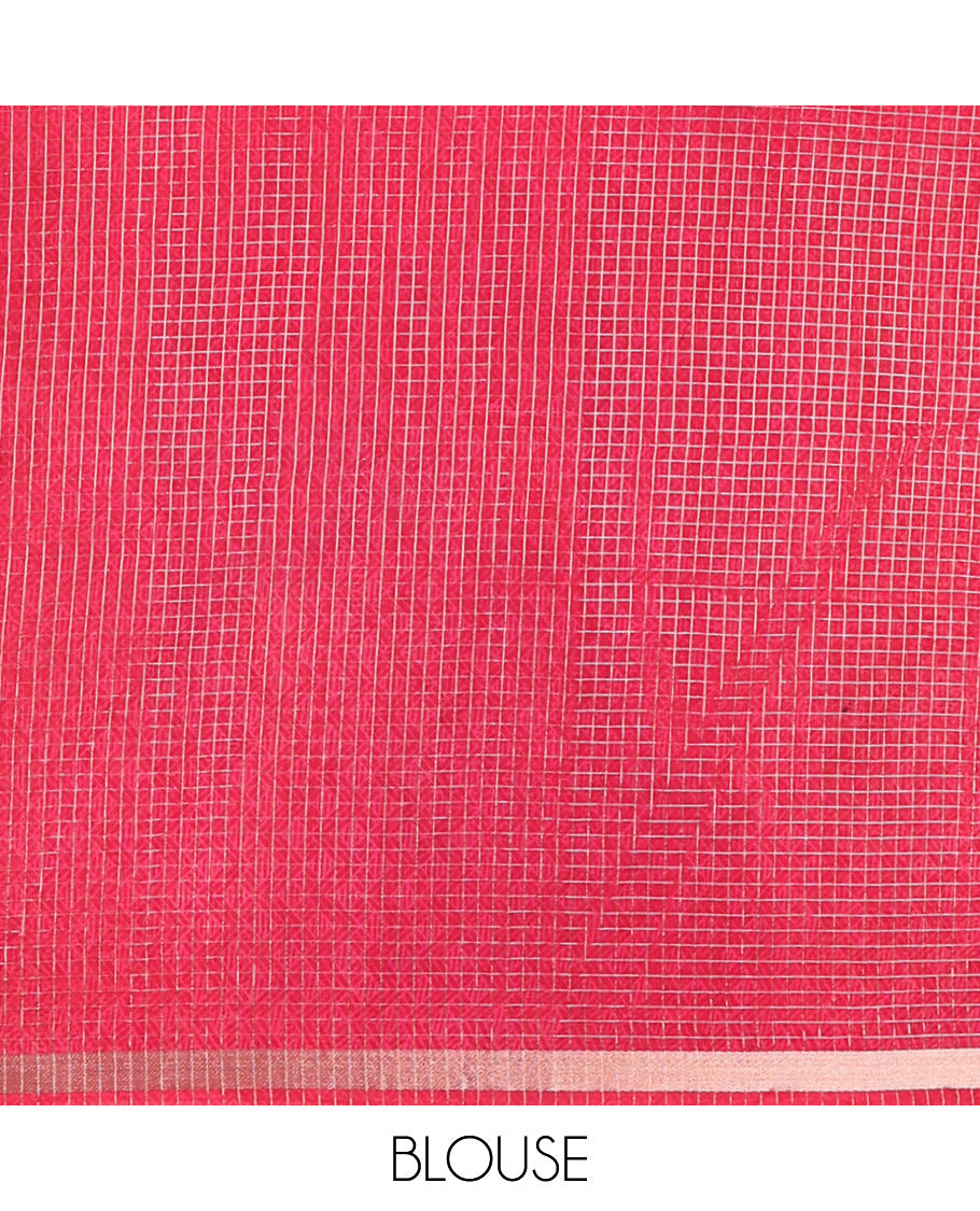 Pink Assam Silk Saree Subtly Sparkled with Micro-Checks and Kalamkari Floral Prints, Featuring a Simple Piping Border, a Pallu Woven with Zari Stripes, Paired with a Matching Checked Blouse