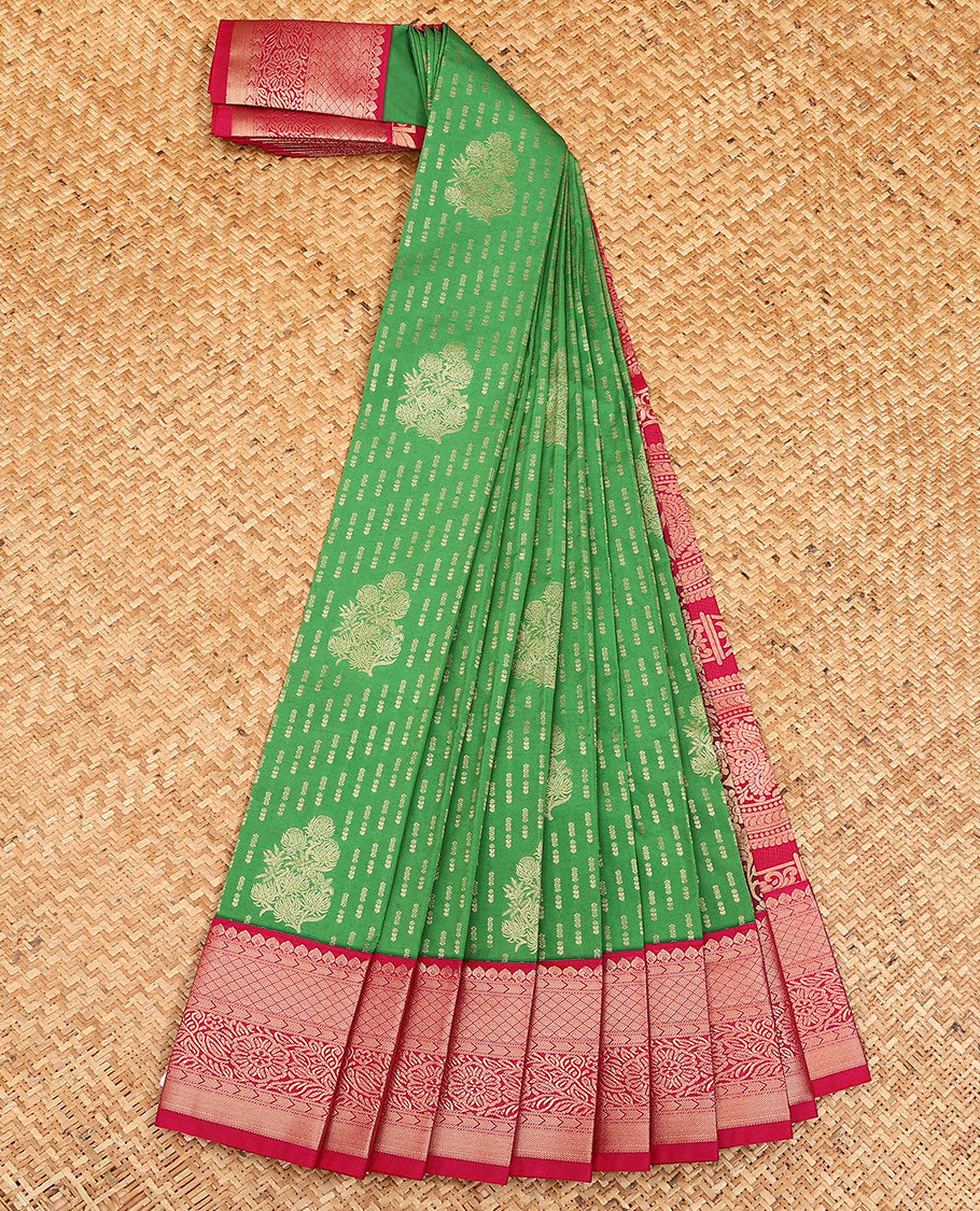 Green zari buttas budget silk saree, contrast traditional zari design border, and pallu of intricate design