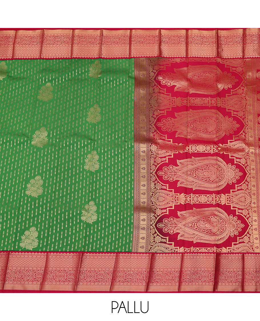 Green zari buttas budget silk saree, contrast traditional zari design border, and pallu of intricate design