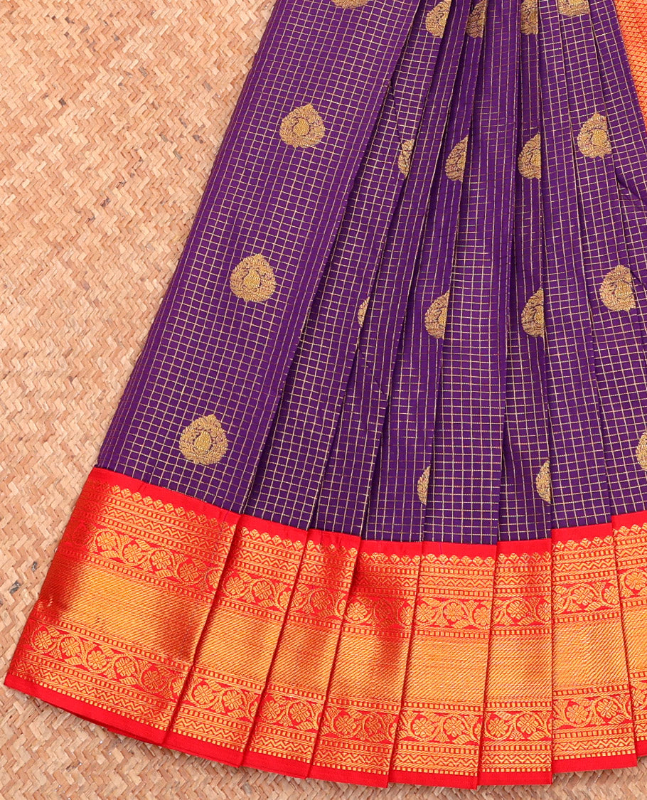 Violet Budget Silk Saree, Elevated with Zari Buttas and Checks, Complemented by a Contrast Traditional Zari Border, Grand Pallu, and Contrast Blouse