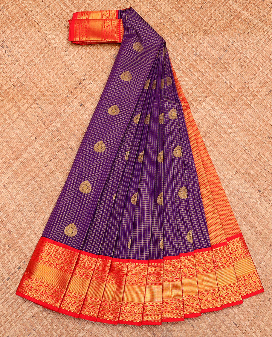Violet Budget Silk Saree, Elevated with Zari Buttas and Checks, Complemented by a Contrast Traditional Zari Border, Grand Pallu, and Contrast Blouse