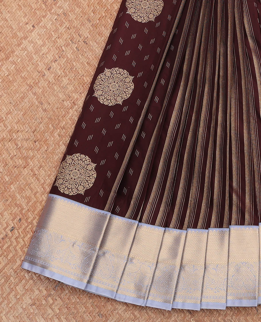 Brown Budget Silk Saree, Accentuated with Zari Buttas, Complemented by a Contrast Traditional Zari Border, Grand Pallu, and a Contrast Blouse