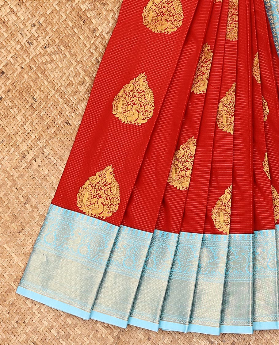 Red zari stripes, and buttas gift saree, contrast traditional zari design border, and jaal pallu
