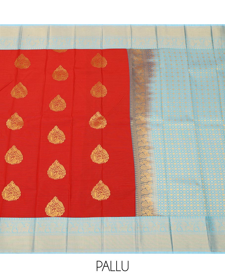 Red zari stripes, and buttas gift saree, contrast traditional zari design border, and jaal pallu