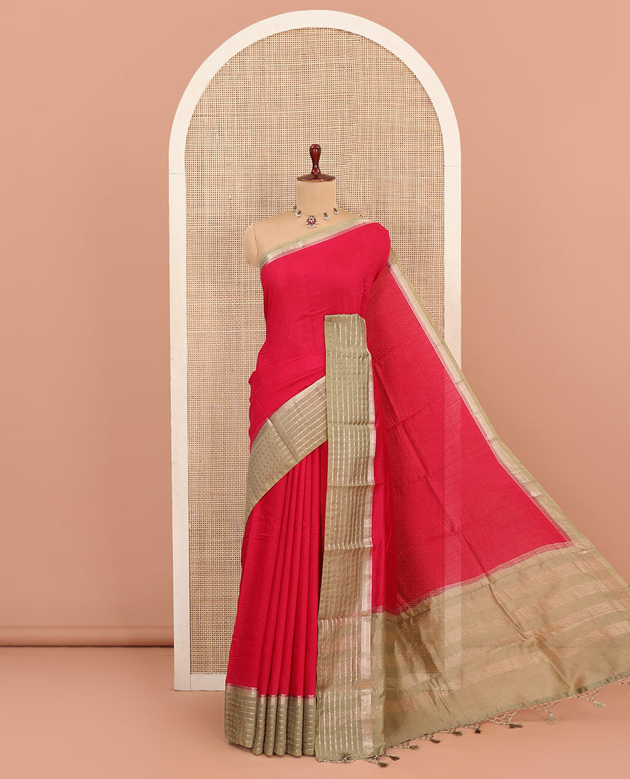 Red Plain Assam Silk Saree, Complemented by Captivating Contrast Border Featuring Traditional Zari Designs, Gleaming Zari Woven Pallu, and Paired with a Contrast Blouse
