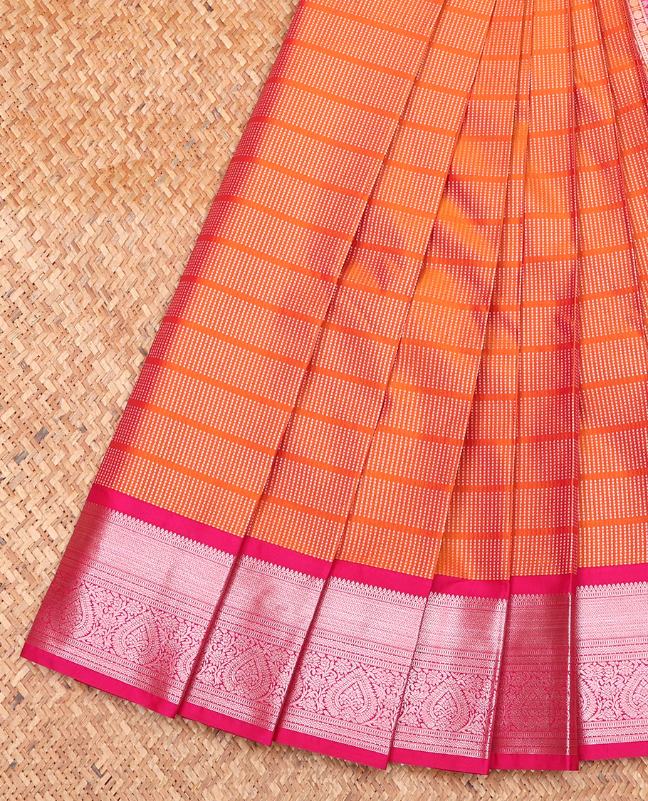 Orange Budget Silk Saree, Spotlighted with Micro-Buttas on Its Body, Complemented by a Contrast Traditional Zari Design Border, Grand Jaal Pallu, and Paired with a Contrast Blouse