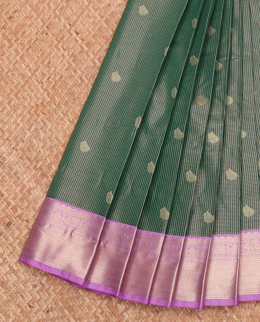 Green Budget Silk Saree, Gracefully Embellished with Zari Buttas and Checks, Complemented by Contrast Traditional Zari Border, Jaal Pallu, and a Contrast Blouse