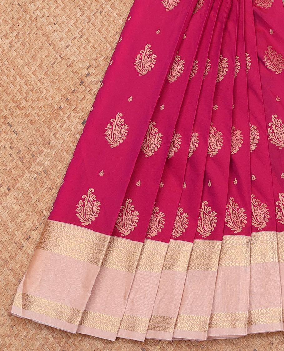 Red Budget Silk Saree, Graced with Zari Buttas, Complemented by a Contrast Traditional Zari Rettai Pettu Border, Grand Pallu, and a Contrast Blouse