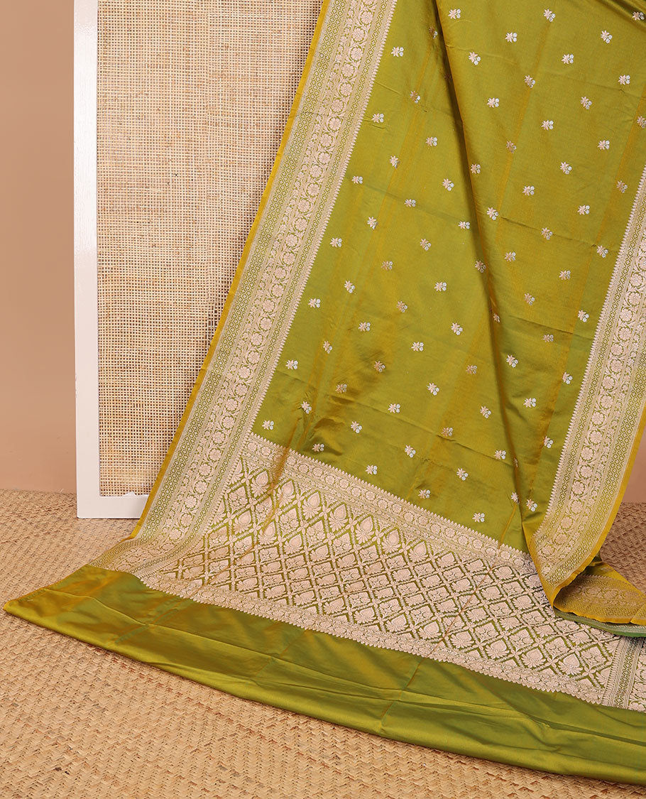 Green motifs semi banaras satin saree with self floral design border & argyle design pallu