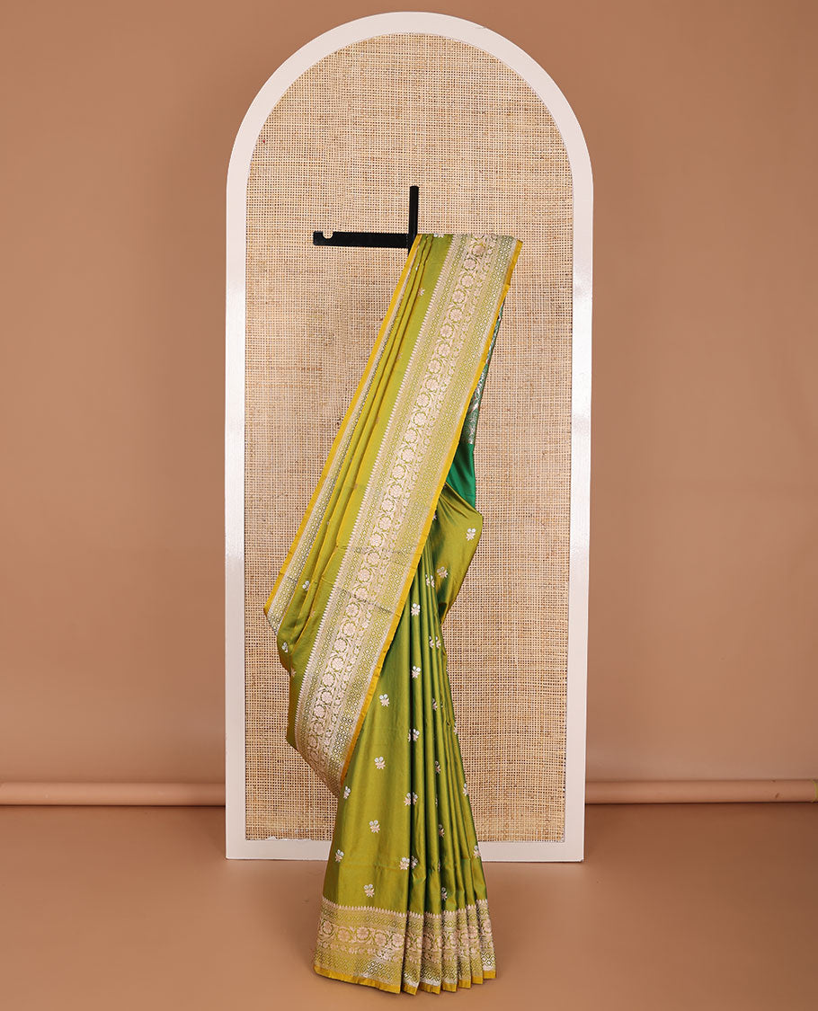 Green motifs semi banaras satin saree with self floral design border & argyle design pallu