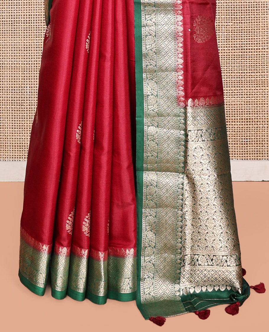 Red Satin Silk Saree, Embellished with Tree Buttas, Complemented by a Contrast Traditional Design Border, Grand Pallu, and a Contrast Blouse