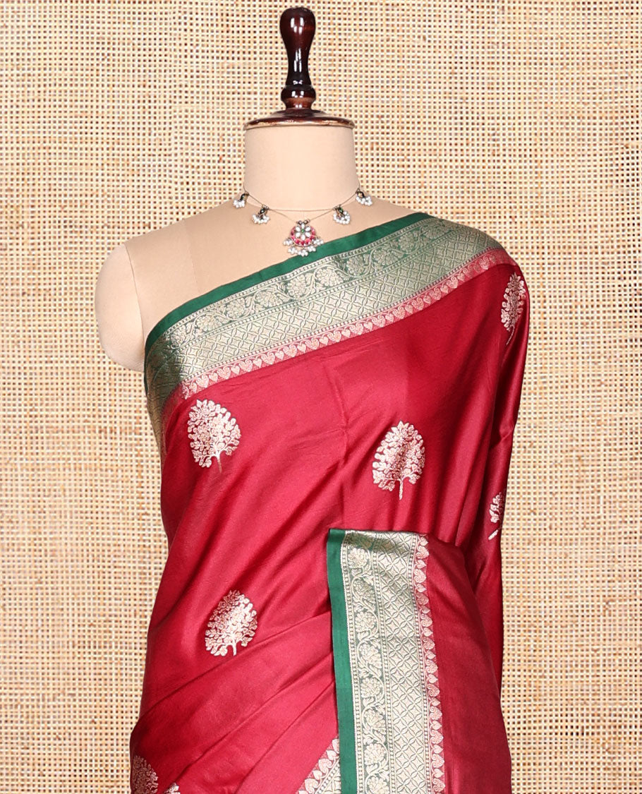 Red Satin Silk Saree, Embellished with Tree Buttas, Complemented by a Contrast Traditional Design Border, Grand Pallu, and a Contrast Blouse