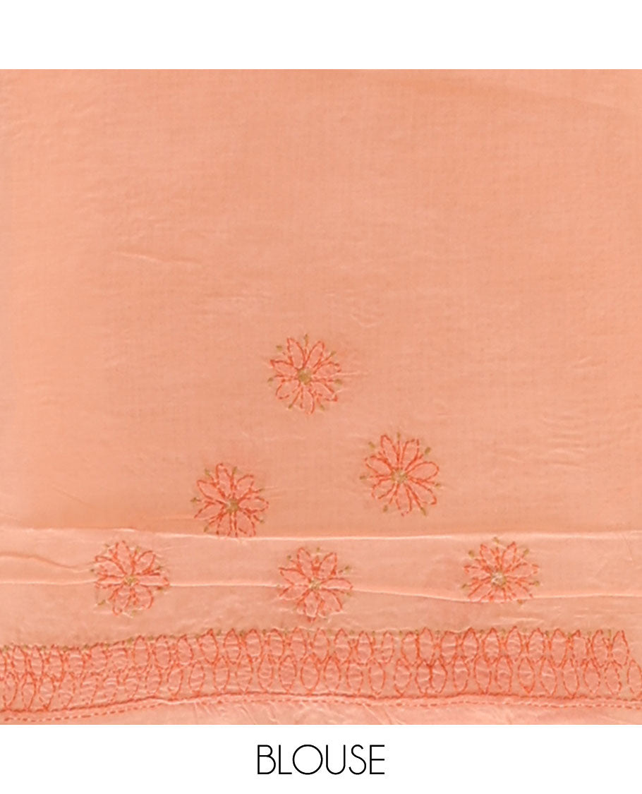 Peach floral thread embroidery chikankari cotton saree with self embroidery border
