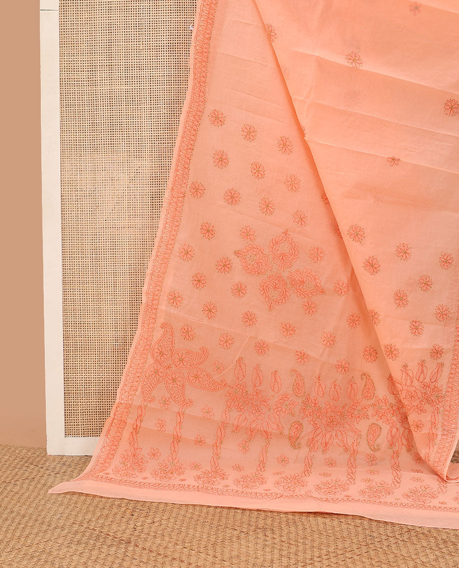 Peach floral thread embroidery chikankari cotton saree with self embroidery border
