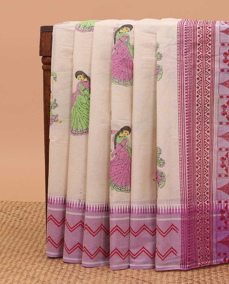 Beige human motifs printed striped chirala cotton saree, contrast pink temple border of chevron design & pallu of geometric & human motifs