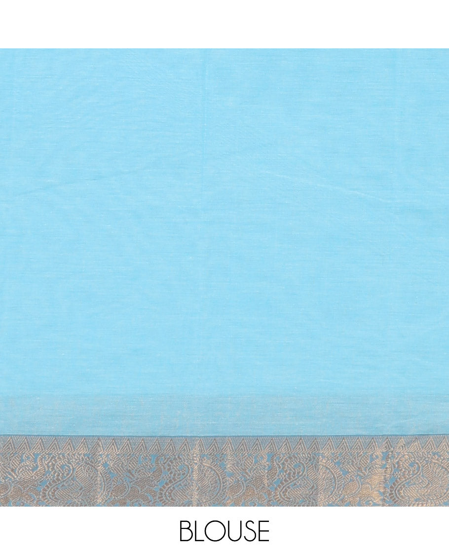 Blue plain Kanchi cotton saree, contrast traditional zari border, and striped pallu