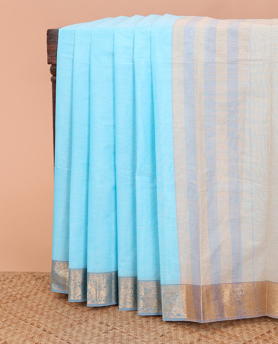 Blue plain Kanchi cotton saree, contrast traditional zari border, and striped pallu