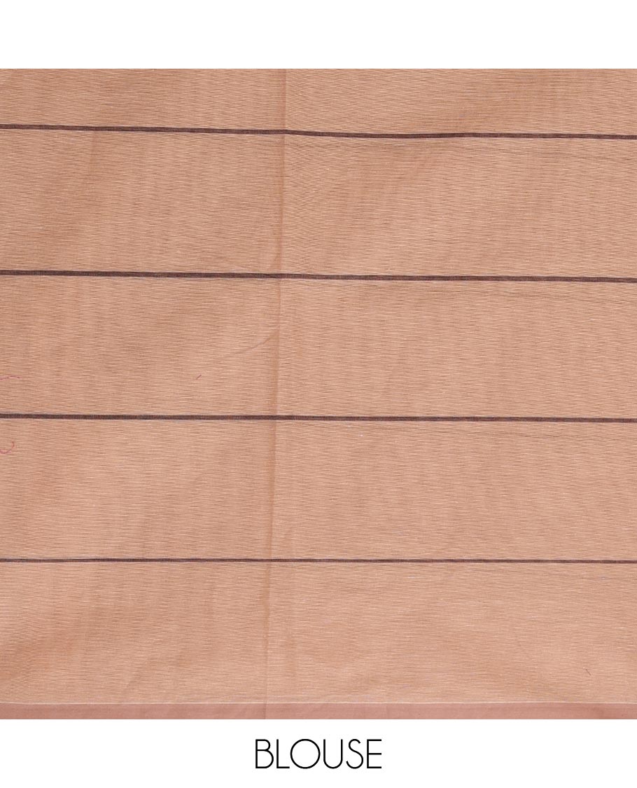 Pale brown stripes, and leaf motifs Kanchi cotton saree, plain border, and floral vine design pallu