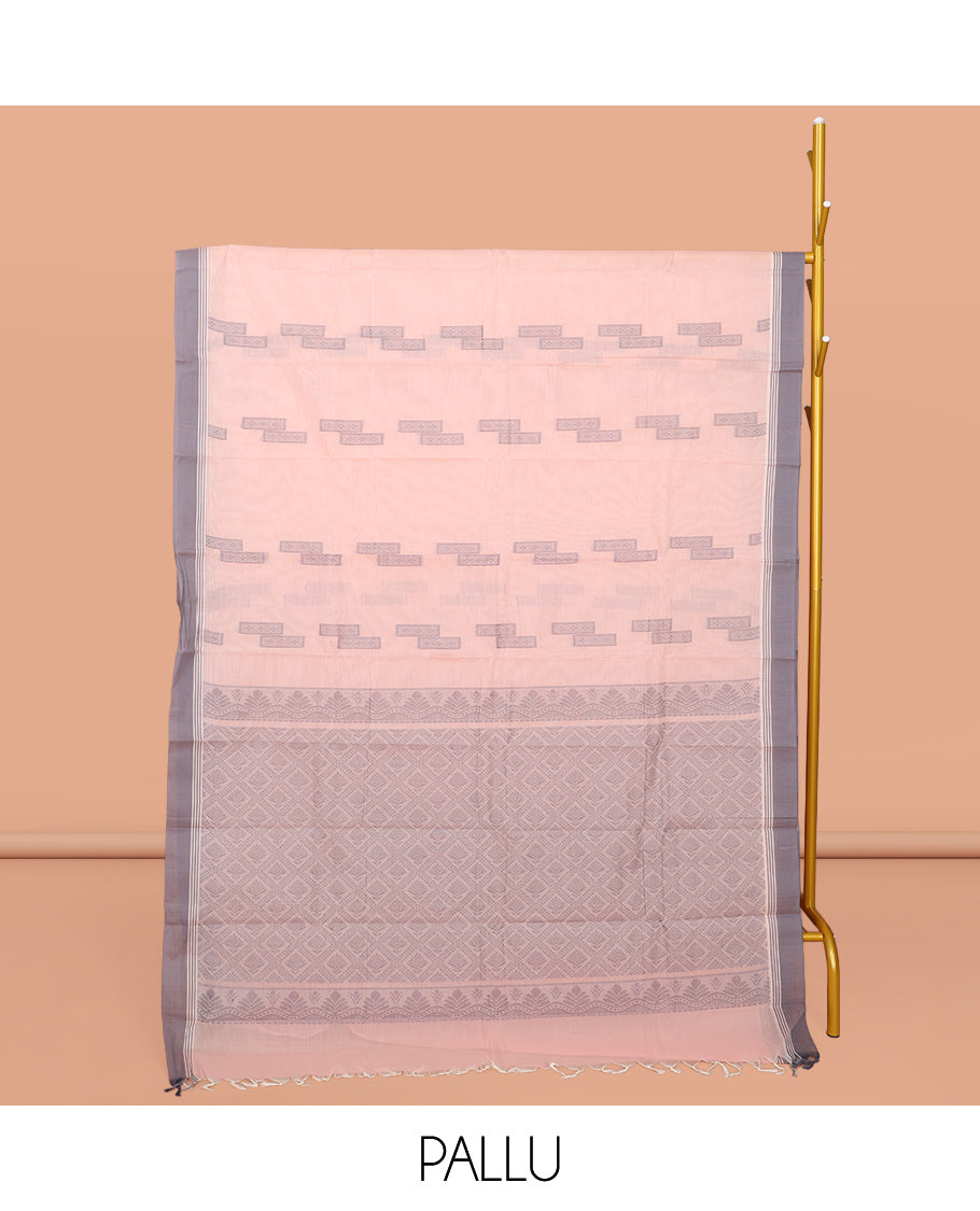 Pale Pink Kanchi Cotton Saree, Subtly Sparkled with Buttas All Over Its Body, Complemented by a Contrast Border, Pallu of Jaal Design, and Paired with Matching Blouse