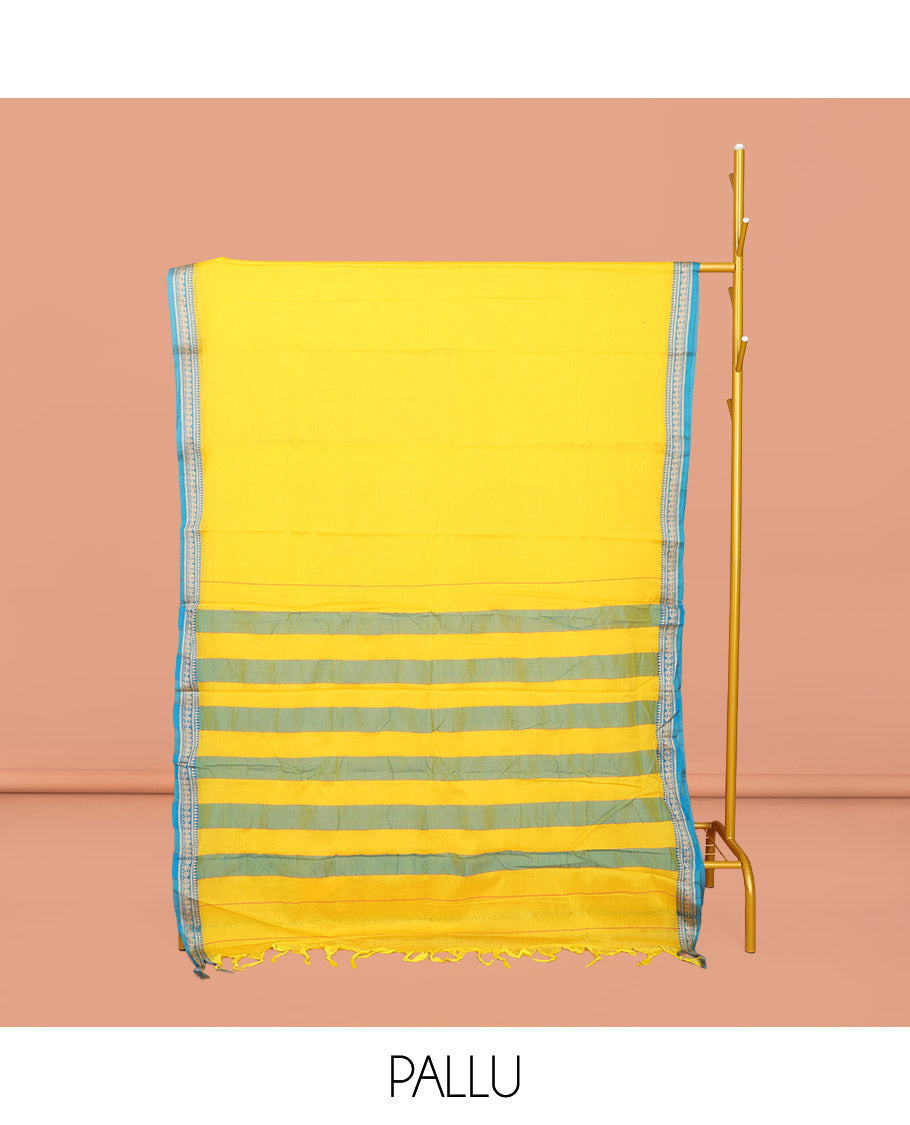 Yellow Plain Narayanpet Cotton Saree, Complemented by a Contrast Traditional Design Border, Striped Pallu, and Comes Without a Blouse
