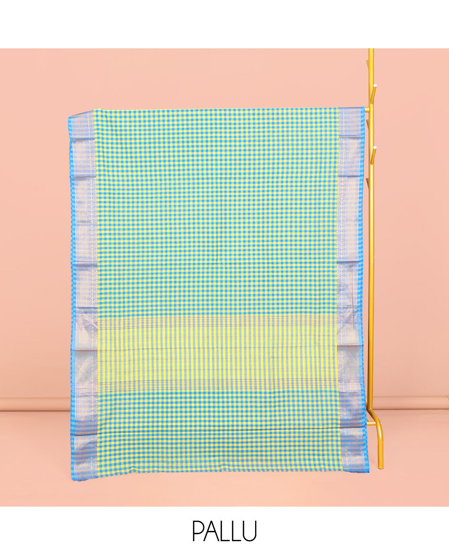 Green-Blue Chettinad Cotton Saree, Adorned with Micro-Checks, Complemented by Traditional Zari Design Border, Striped Pallu, and No Blouse