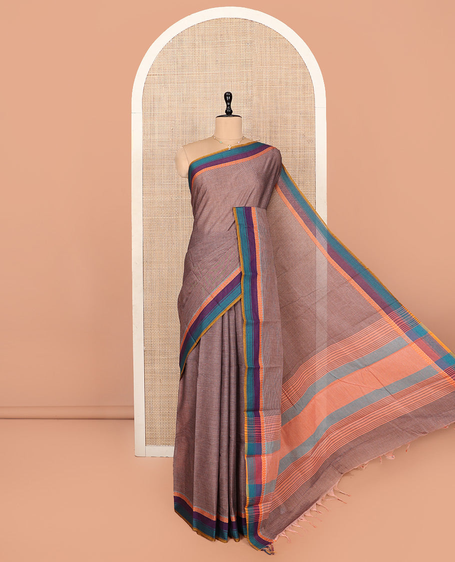 Brown Striped Andhra Cotton Saree, Complemented by a Contrast Multi-color Border, Striped Pallu, and a Contrast Blouse