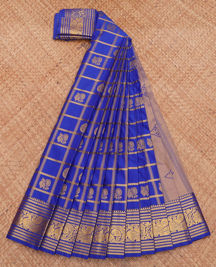 Ink Blue Budget Silk Saree, Peacock-Chakra Checks, a Traditional Border, Grand Pallu, Matching Blouse